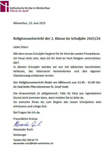 Religionsunterricht 2. Klasse